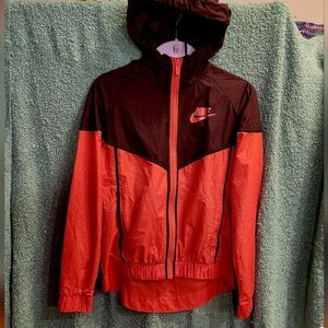 Nike Orange and Brown Hooded Windbreaker Jacket. Women Size Small